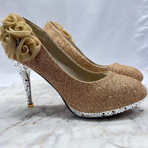 Woman’s Gold Silver Bling High Heels Floral Pumps Sz 41 Stiletto Disco Shoes
